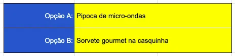 Planilha de tomada de decisão - definindo duas opções